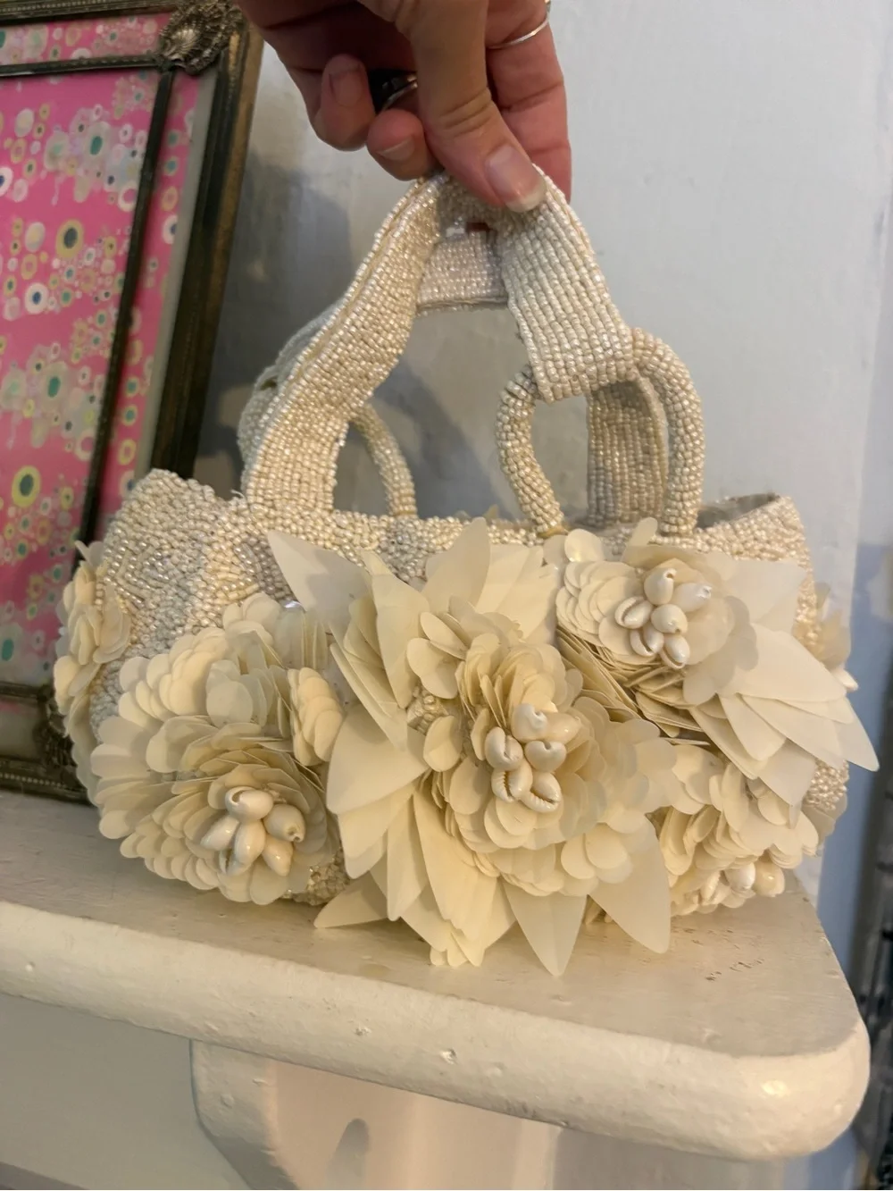 SMALL IVORY BEADED FLORAL BAG
